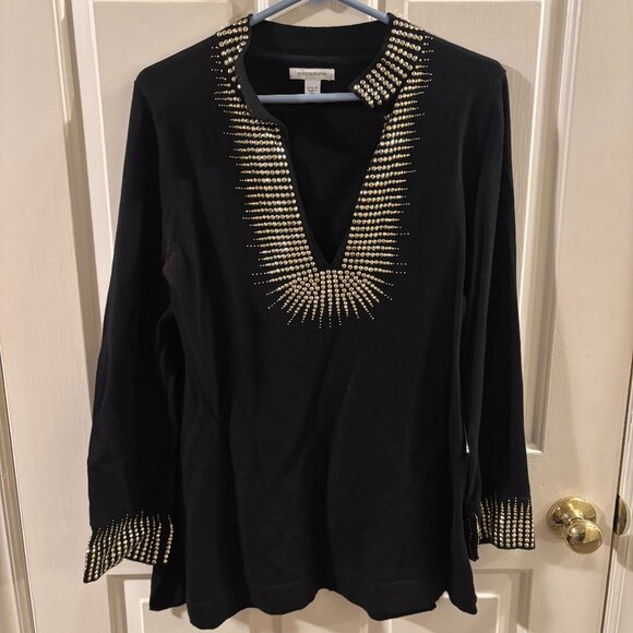 Boston Proper Black Embellished Long Sleeve V-Neck Tunic Top ~ Medium ~ EUC - Picture 1 of 7